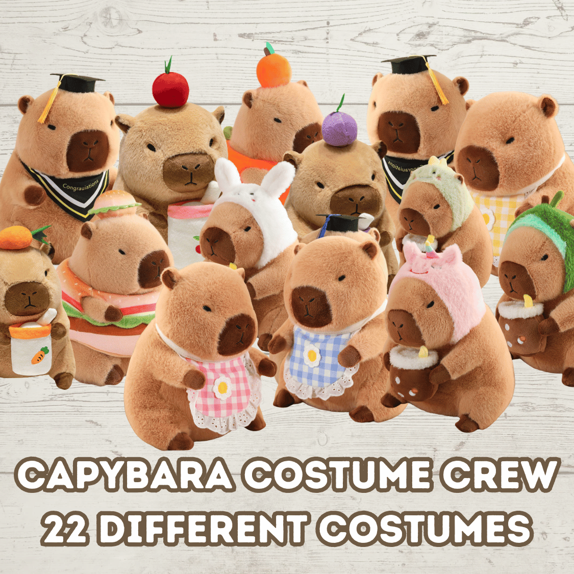 Image of Discover the Adorable Capybara Costume Crew Plush: 22 Unique Outfits for Endless Fun